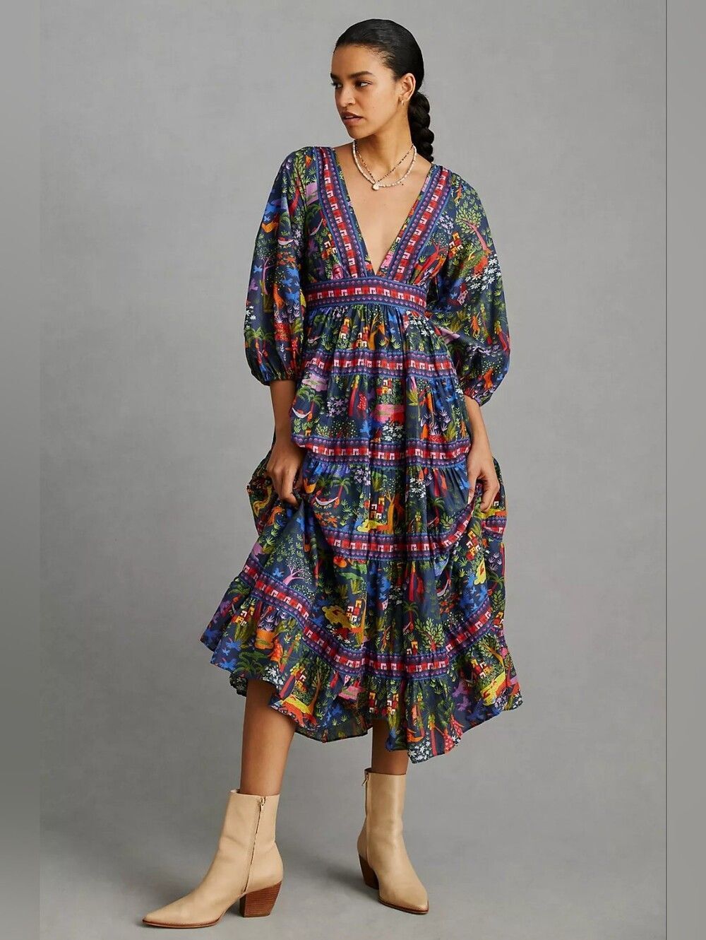 Farm Rio V-Neck Midi Dress V-Neck Floral Tiered Midi Dress in Navy Size Small